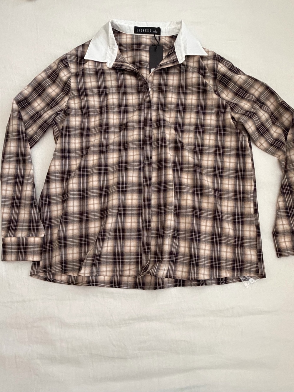 Lioness Brown and Cream Plaid Button-Up Shirt with White Collar
